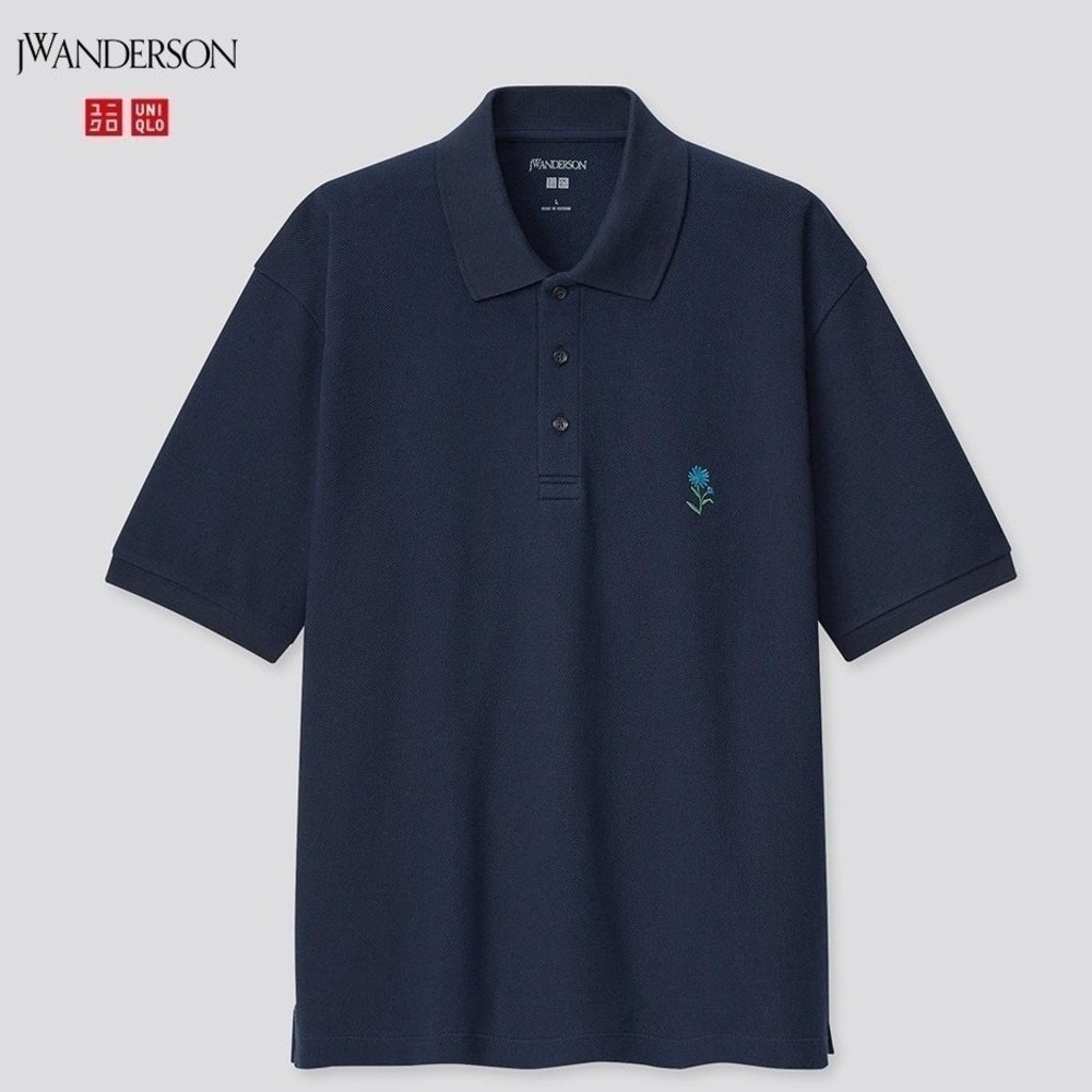 JW Anderson Uniqlo Short Sleeve Flower Polo Men XS/S Embroider Navy Relax Cotton